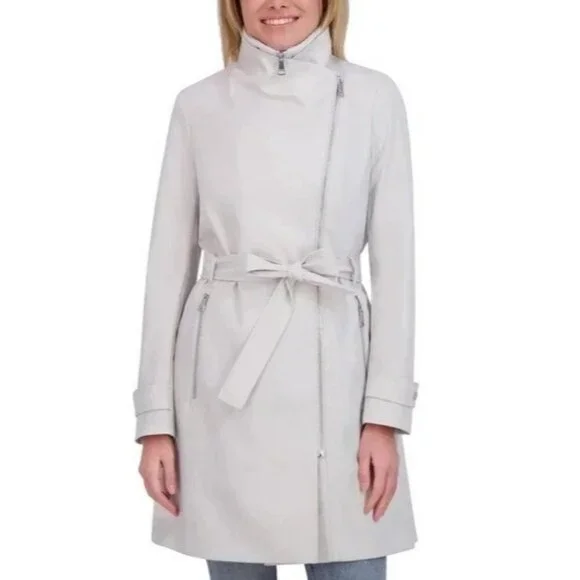 NEW Halston Women's M Gray Double-Breasted Belted Trench Coat Jck16 - Picture 2 of 12